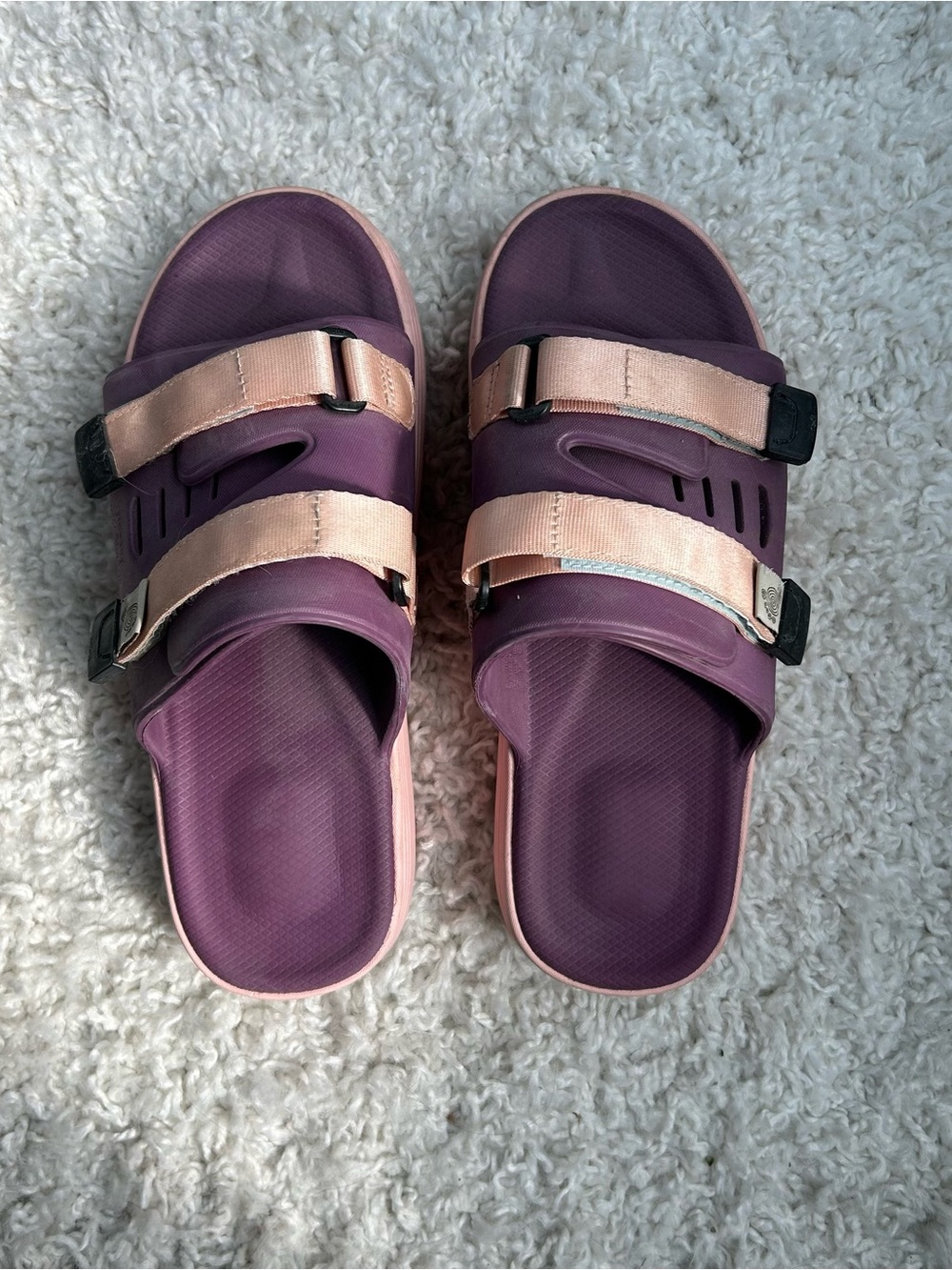 Suicoke Purple Slide Sandals with Pink Straps